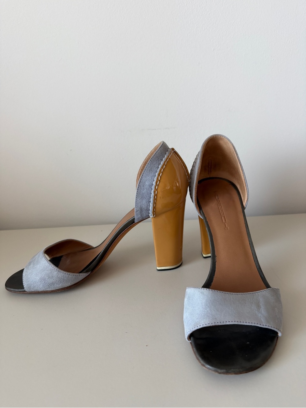 Moreschi Italy Dusty Lavender Suede & Mustard Patent Block Heel Sandals Size 36 - Picture 3 of 8